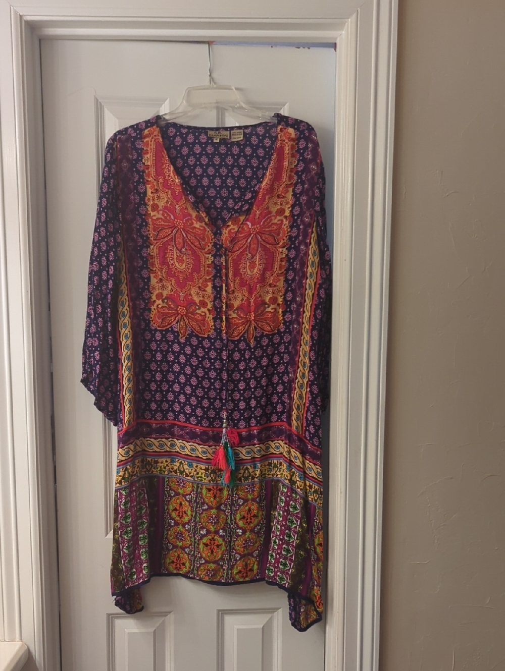 Aravon Purple Multi-Print Embroidered V-Neck Tunic with Tassel